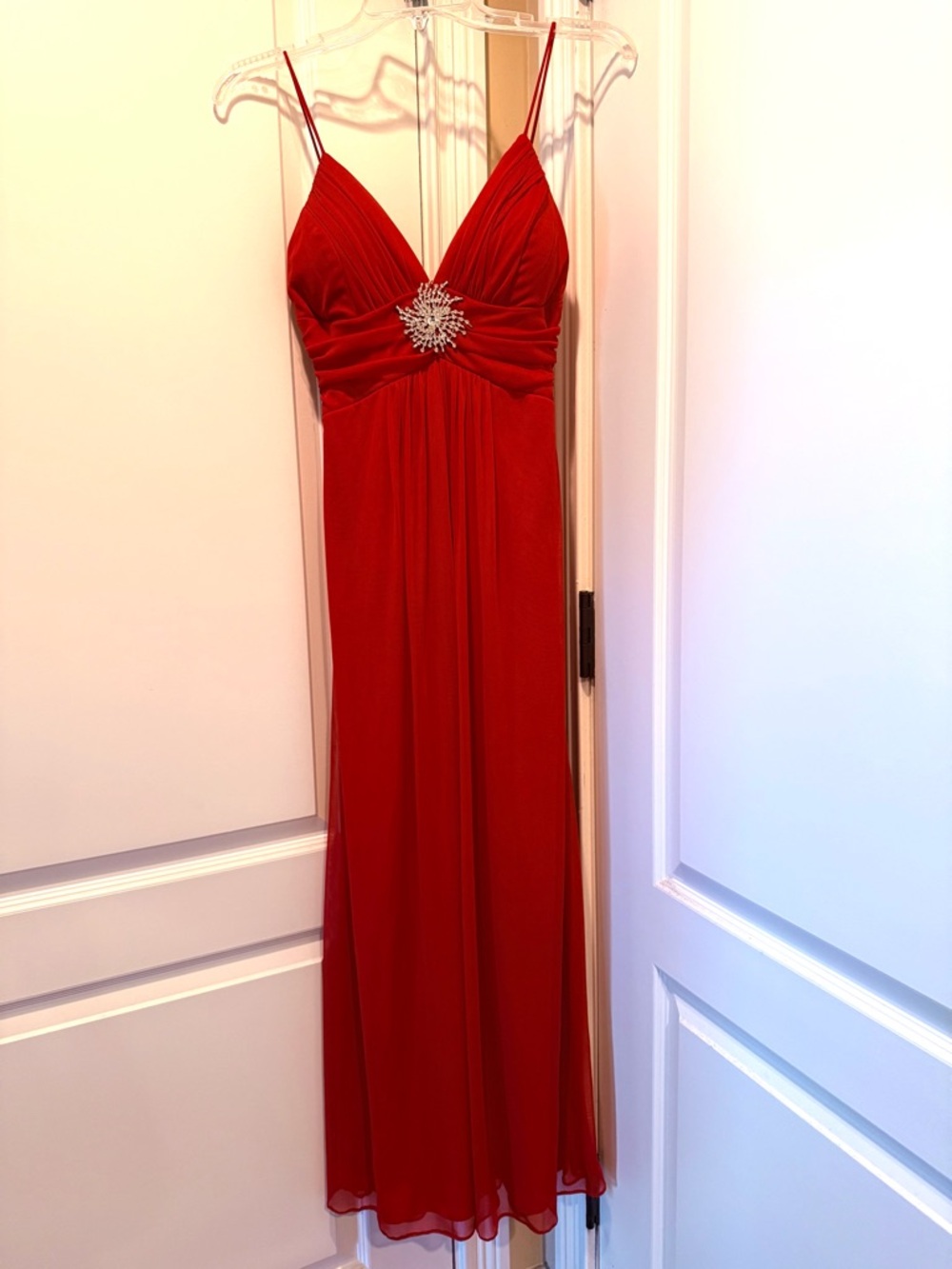 B. Smart Red Spaghetti-Strap Evening Maxi with Rhinestone Accent